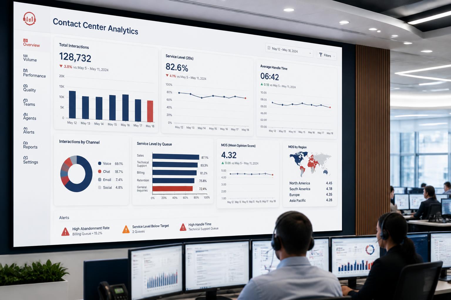 Contact center analytics wall display showing interaction volume, service level, and MOS quality metrics