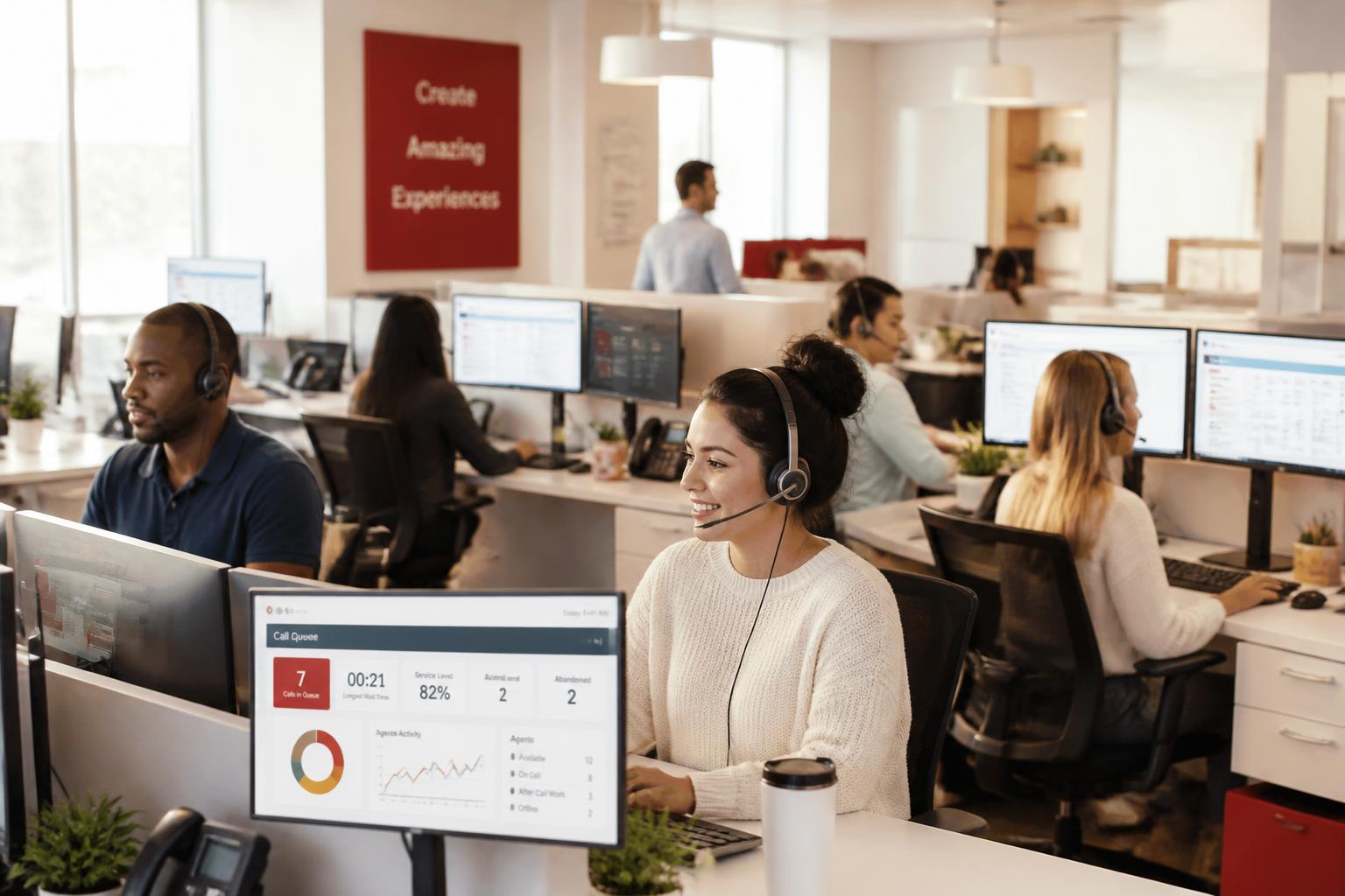 Contact center agents on headsets handling live calls with queue and service-level dashboards