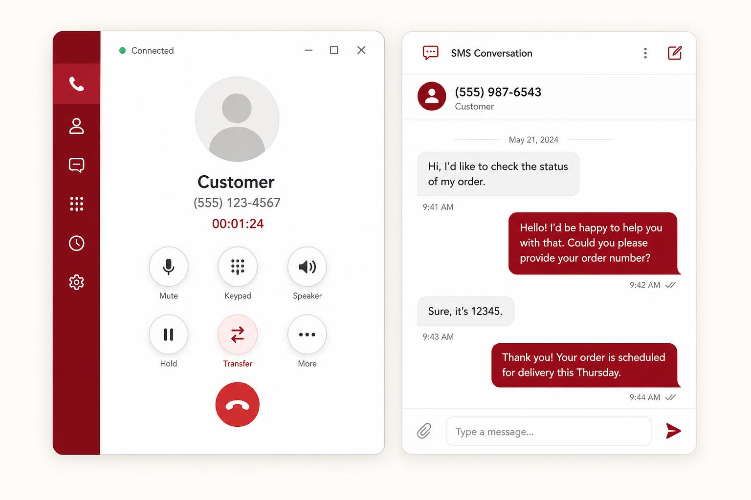 Softphone call window with active call controls beside a business SMS conversation thread